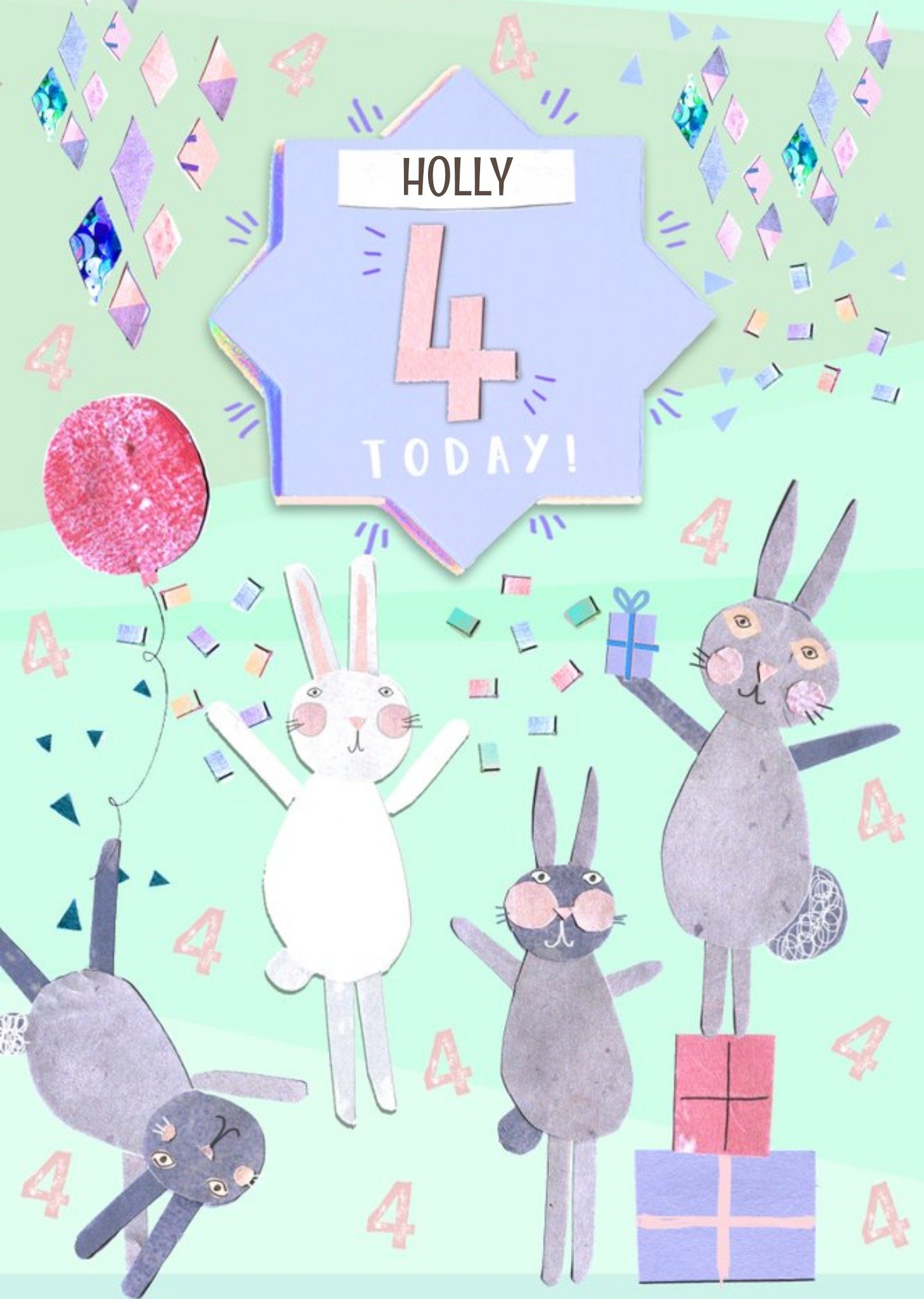Moonpig Bunnies, Confetti And Gifts Personalised Happy 4th Birthday Card, Large
