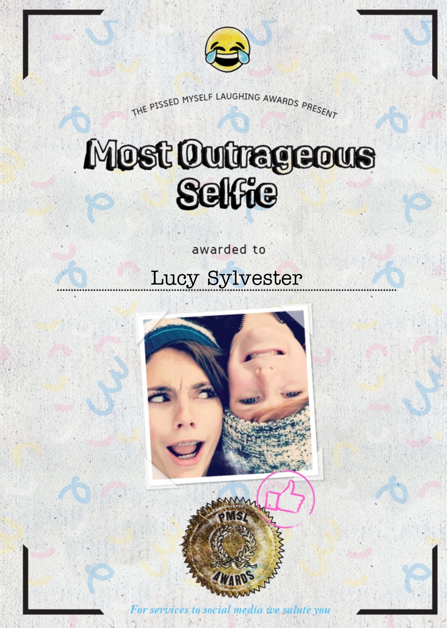 Personalised Most Outrageous Selfie Card Ecard