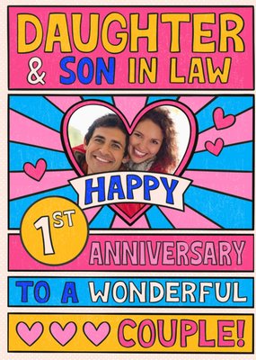 Colourful And Retro Typography Daughter & Son In Law Photo Upload First Anniversary Card