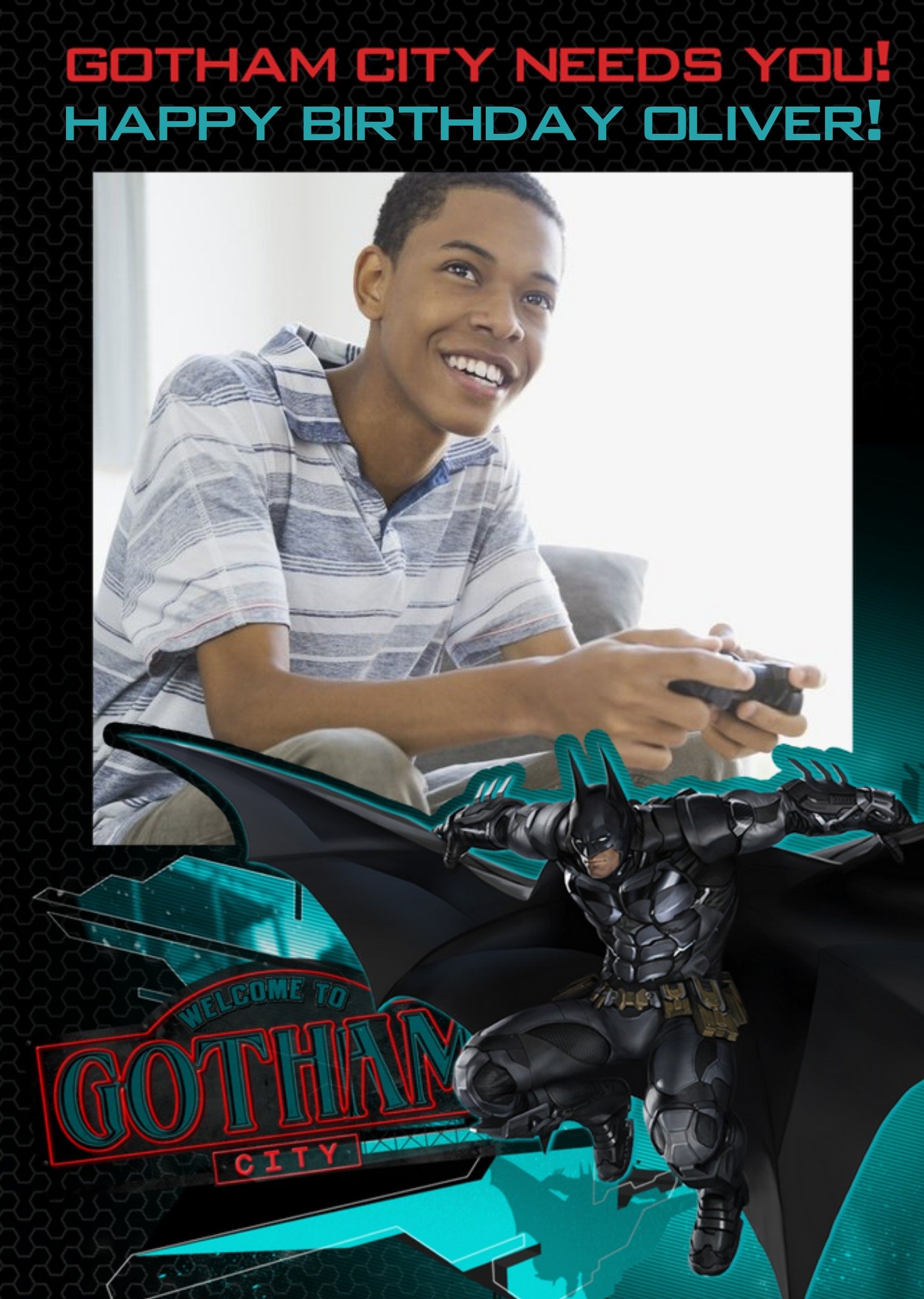Dc Batman Arkham Knight Gotham City Needs You Photo Upload Birthday Card, Large