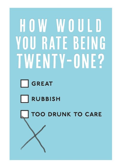 Mungo And Shoddy Typographic Alcohol Funny Twenty One 21 Birthday Card