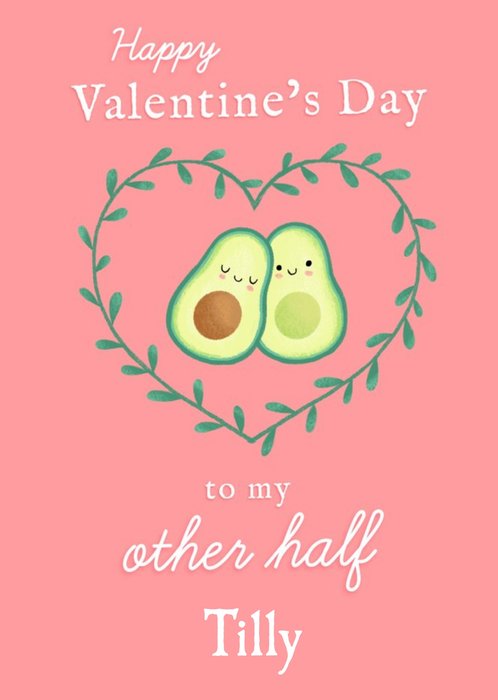 Illustration Of Two Half's Of An Avocado On A Pink Background Valentine's Day Card