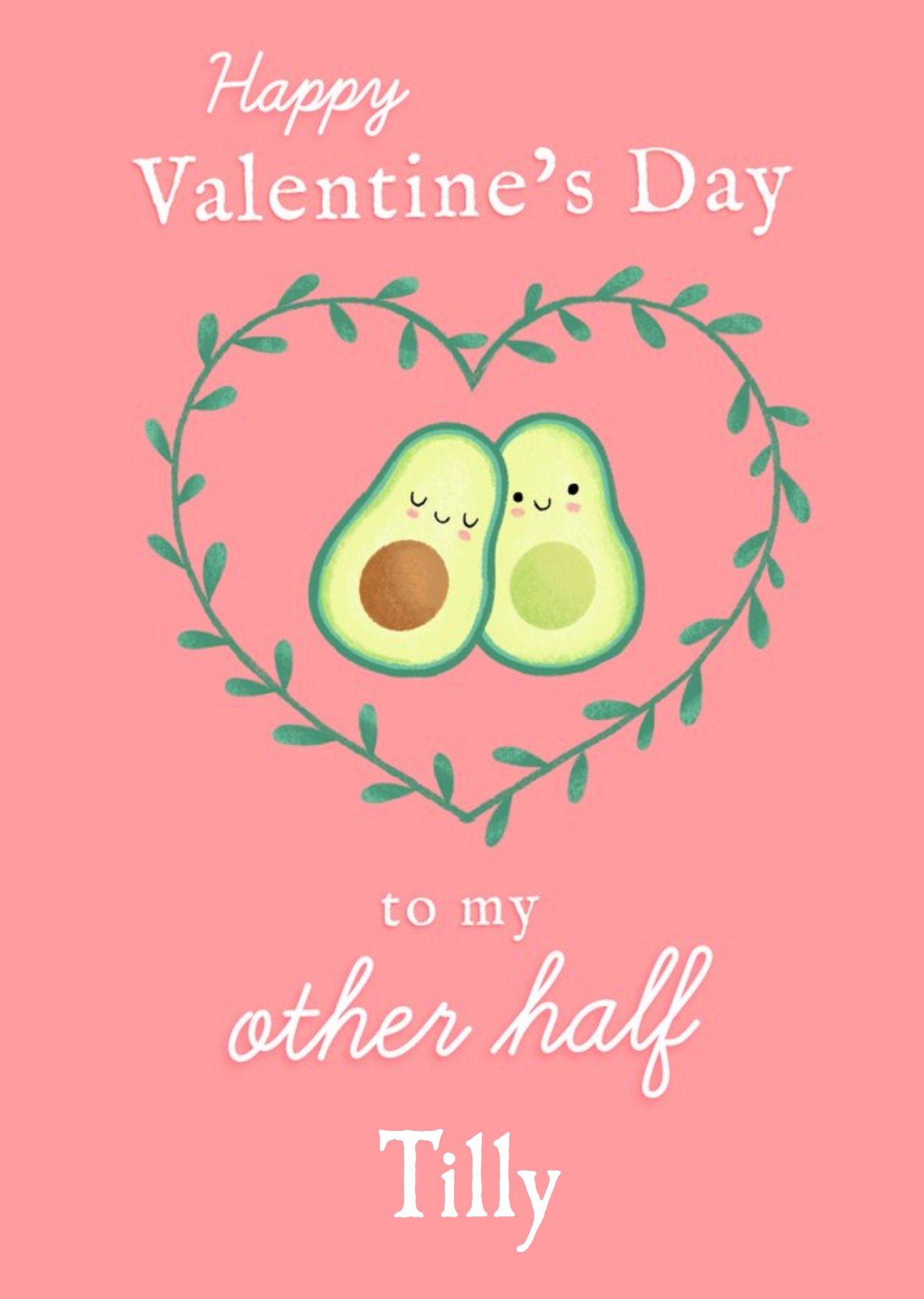 Illustration Of Two Half's Of An Avocado On A Pink Background Valentine's Day Card Ecard