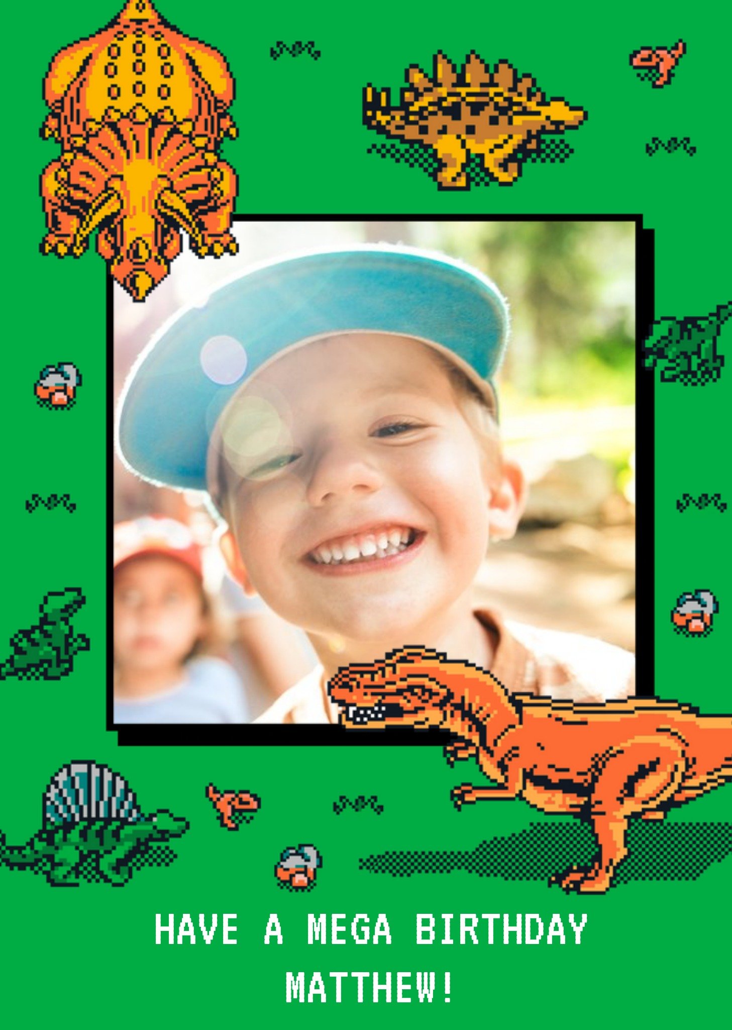 Moonpig Jurassic Park Retro 8-Bit Dinousaur Photo Upload Birthday Card, Large