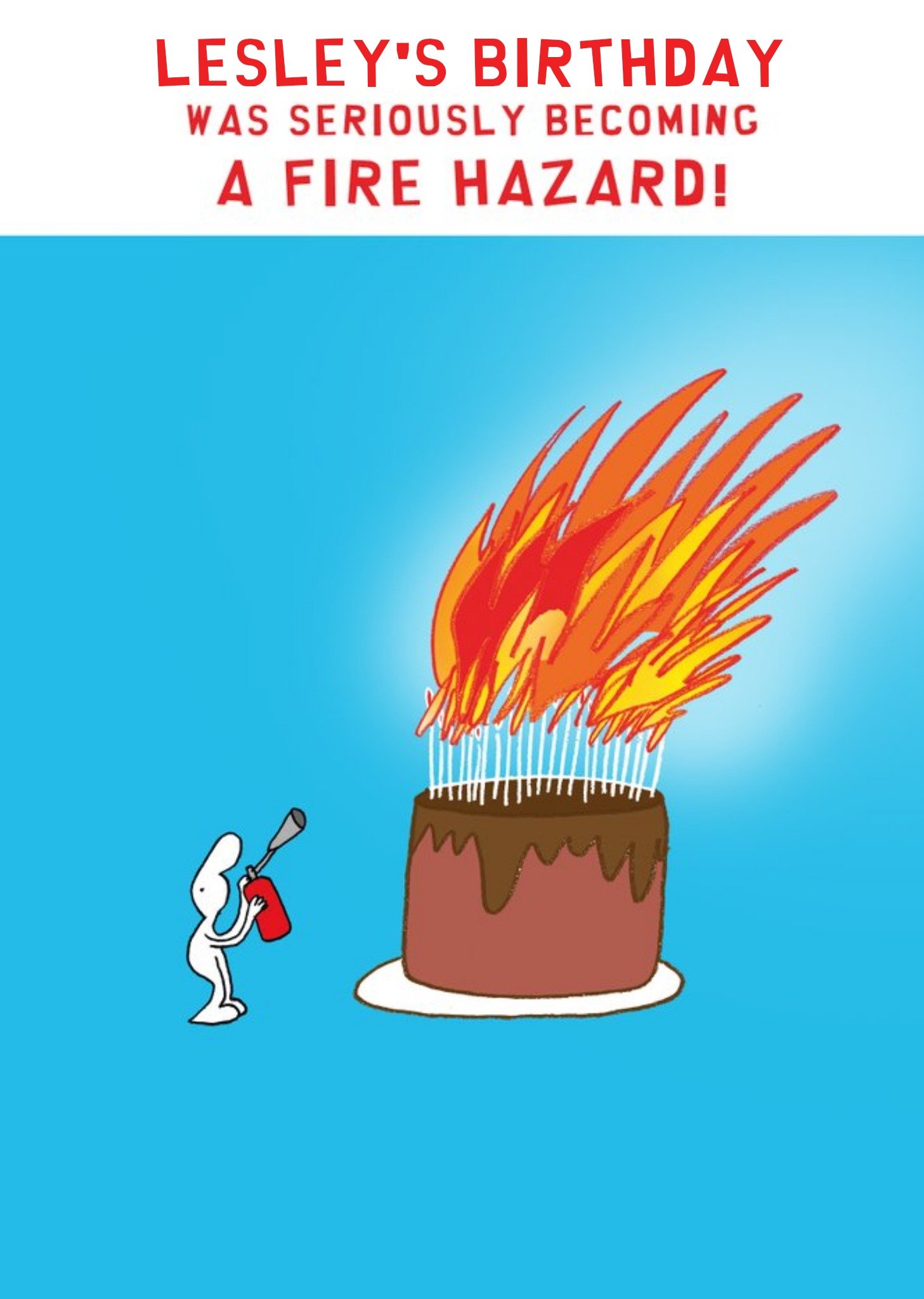 Illustration Of A Character Holding A Fire Extinguiser Next To A Giant Blazing Cake Birthday Card Ecard