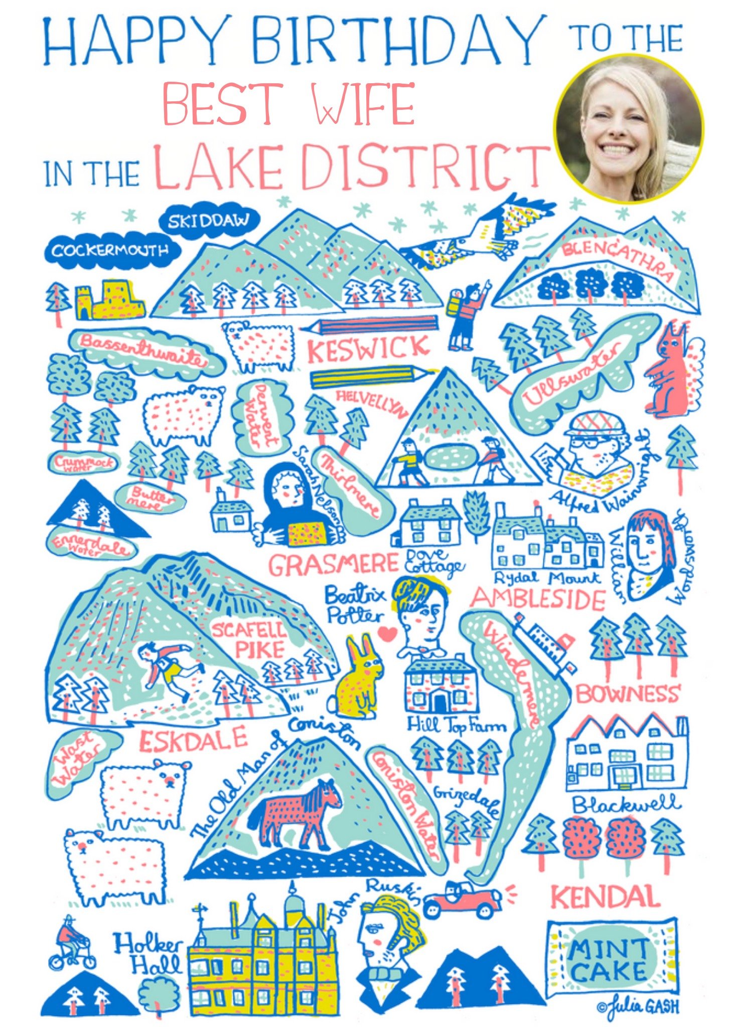 Moonpig Vibrant Collage Illustration Of The Lake District Photo Upload Birthday Card, Large