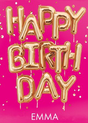 Gold Balloon Typography On A Pink Background Birthday Card