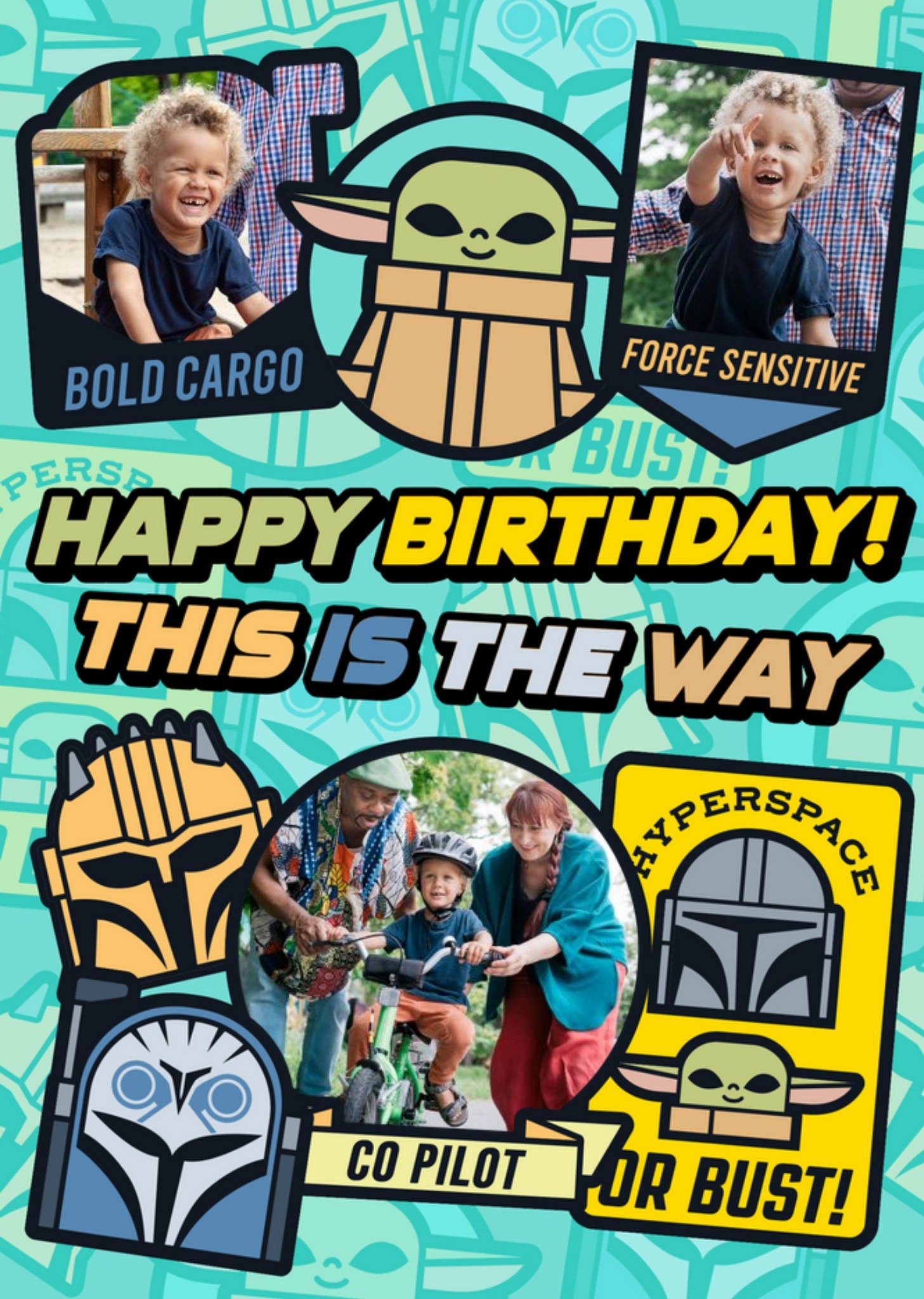 Star Wars The Mandalorian Fun Cartoon Multi Photo Upload Birthday Card, Large