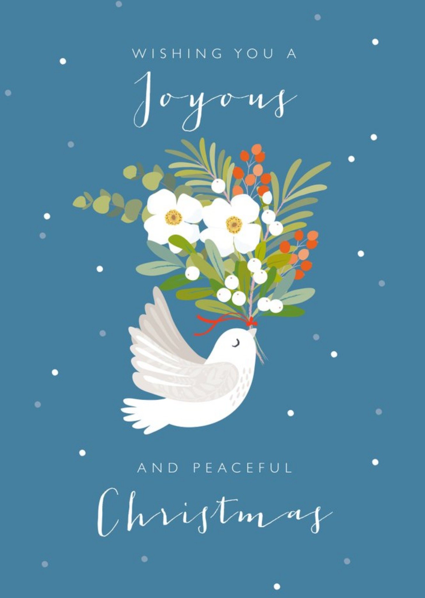 Moonpig Dove With A Large Bouquet Of Festive Flowers Illustration Joyous Christmas Card Ecard