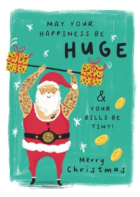 Funny Tattooed Weightlifting Strong Man Santa Christmas Card