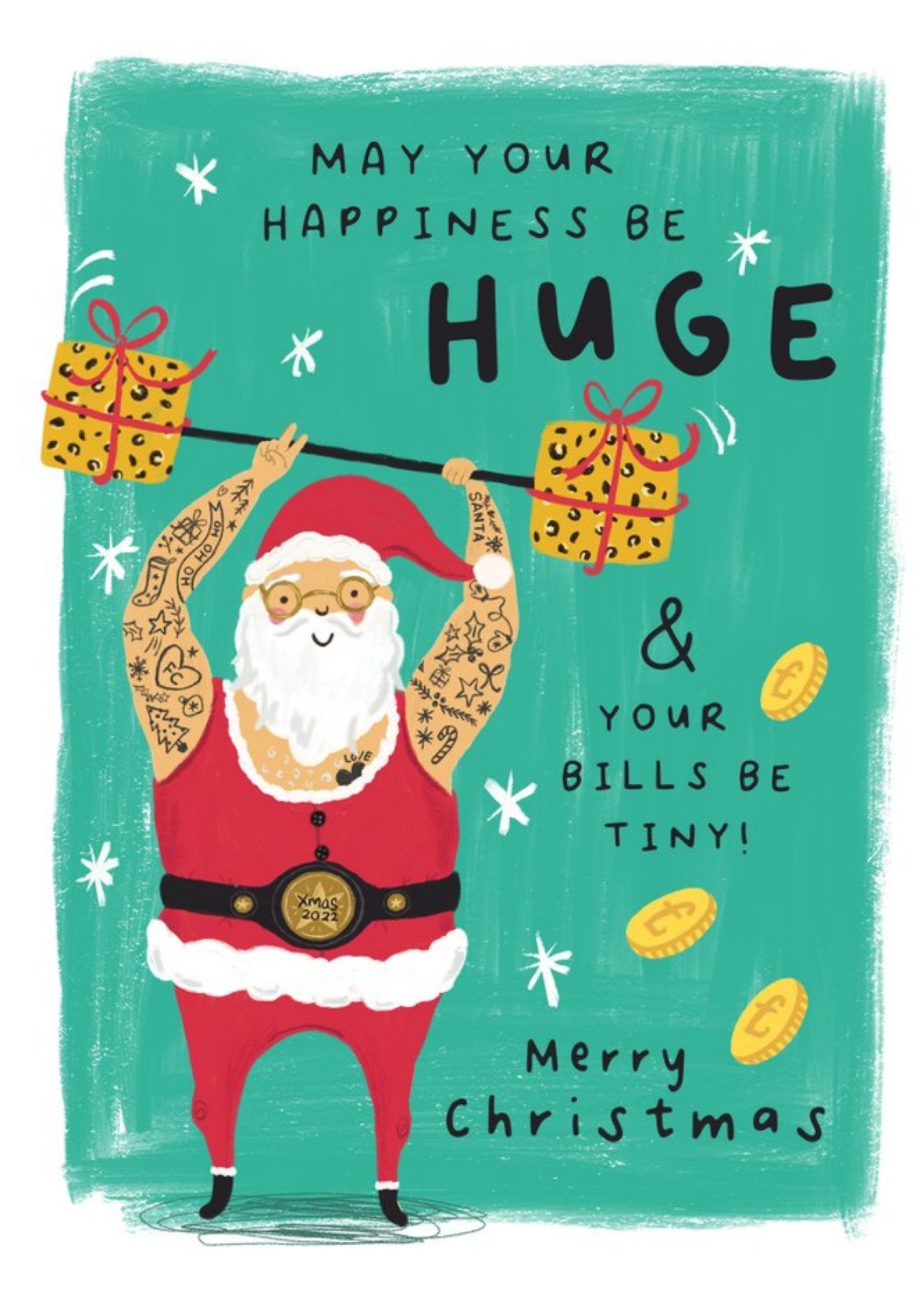 Moonpig Funny Tattooed Weightlifting Strong Man Santa Christmas Card, Large