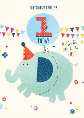 Bright Fun Illustration Of A Cute Elepahnt Our Grandson Is 1 Today Card