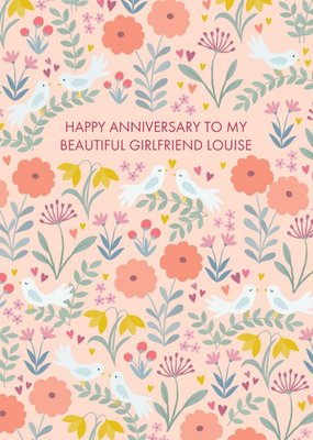 Pastel Flowers And Birds Personalised Beautiful Girlfriend Happy Anniversary Card