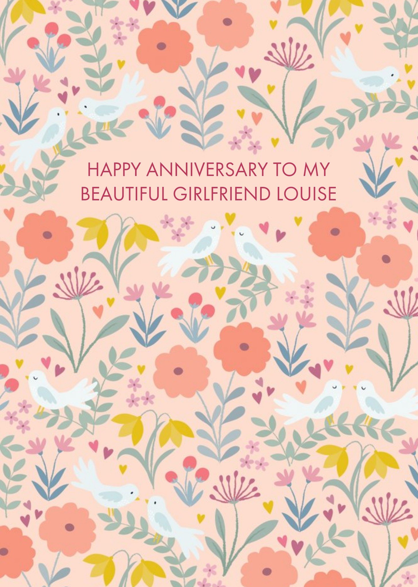 Pastel Flowers And Birds Personalised Beautiful Girlfriend Happy Anniversary Card Ecard