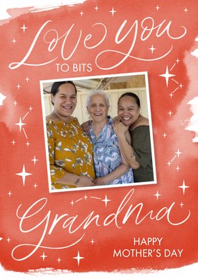 White Calligraphy On A Red Watercolour Background Grandma's Mother's Day Photo Upload Card