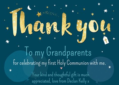 Gold Coloured Patterned Typography Thank You To My Grandparents First Holy Communion Card