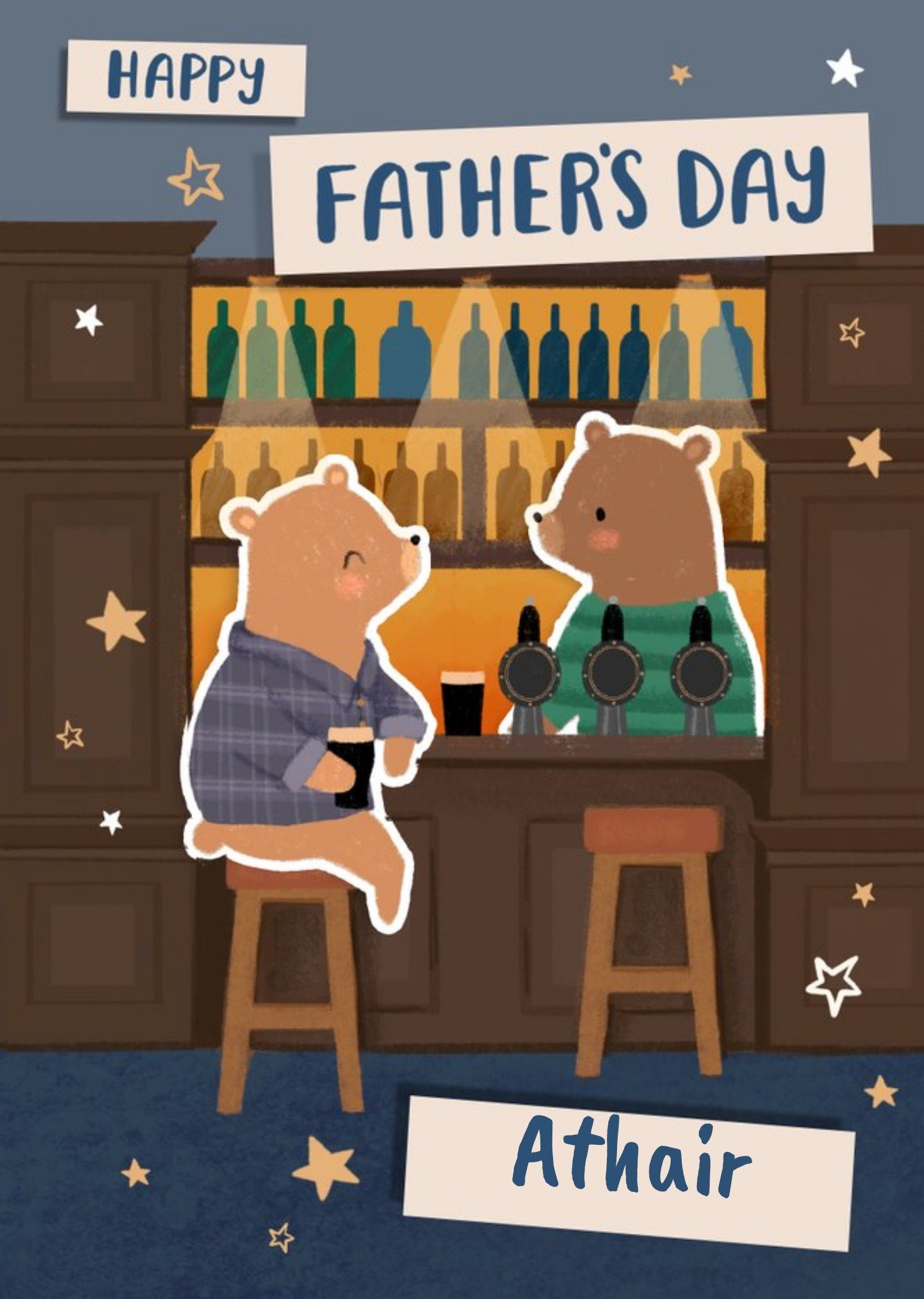 Moonpig Illustration Of A Father Bear Sitting At A Bar Enjoying A Pint Of Ale Father's Day Card, Lar