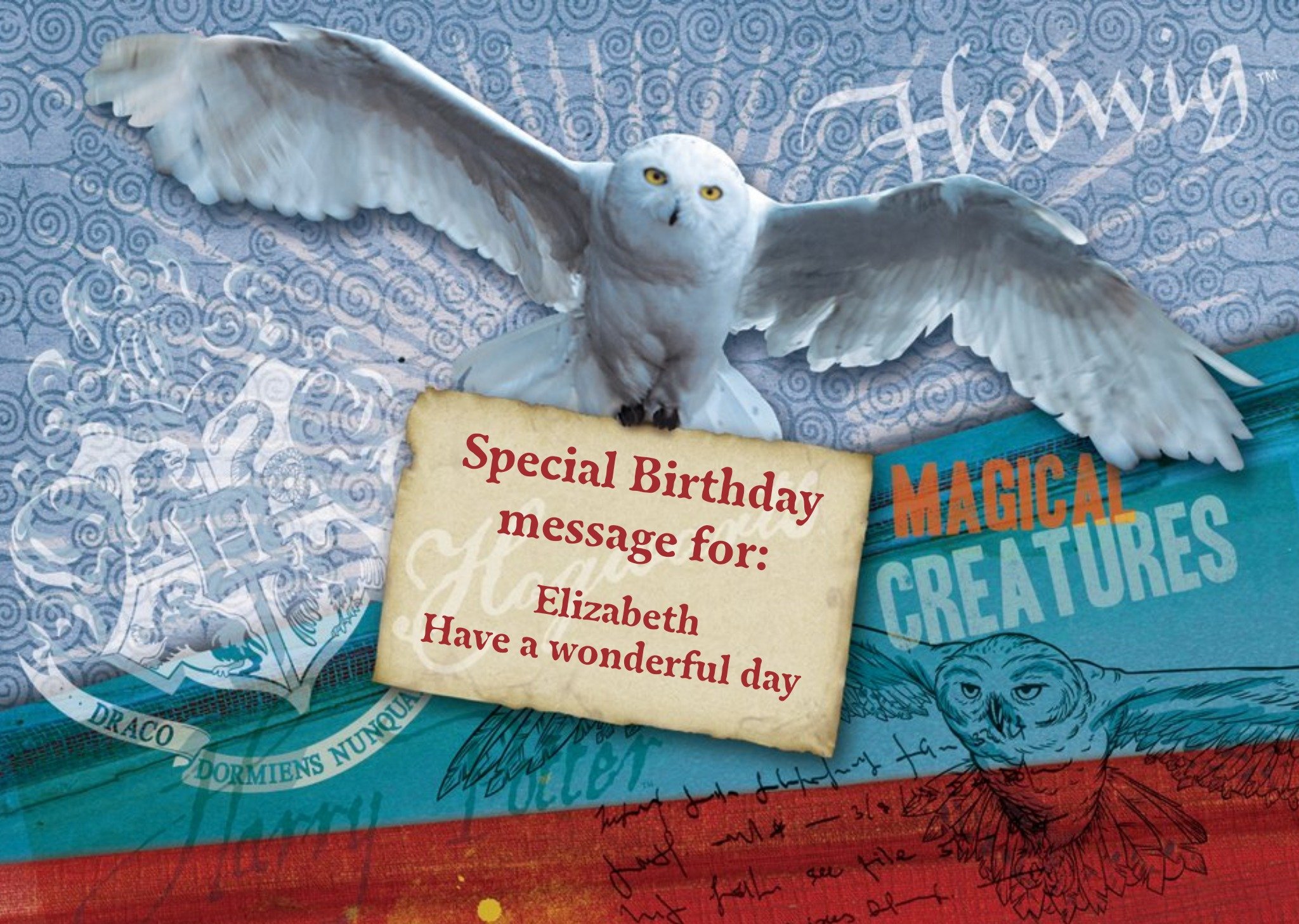 Harry Potter Magical Creatures Hedwig Personalised Birthday Card, Large