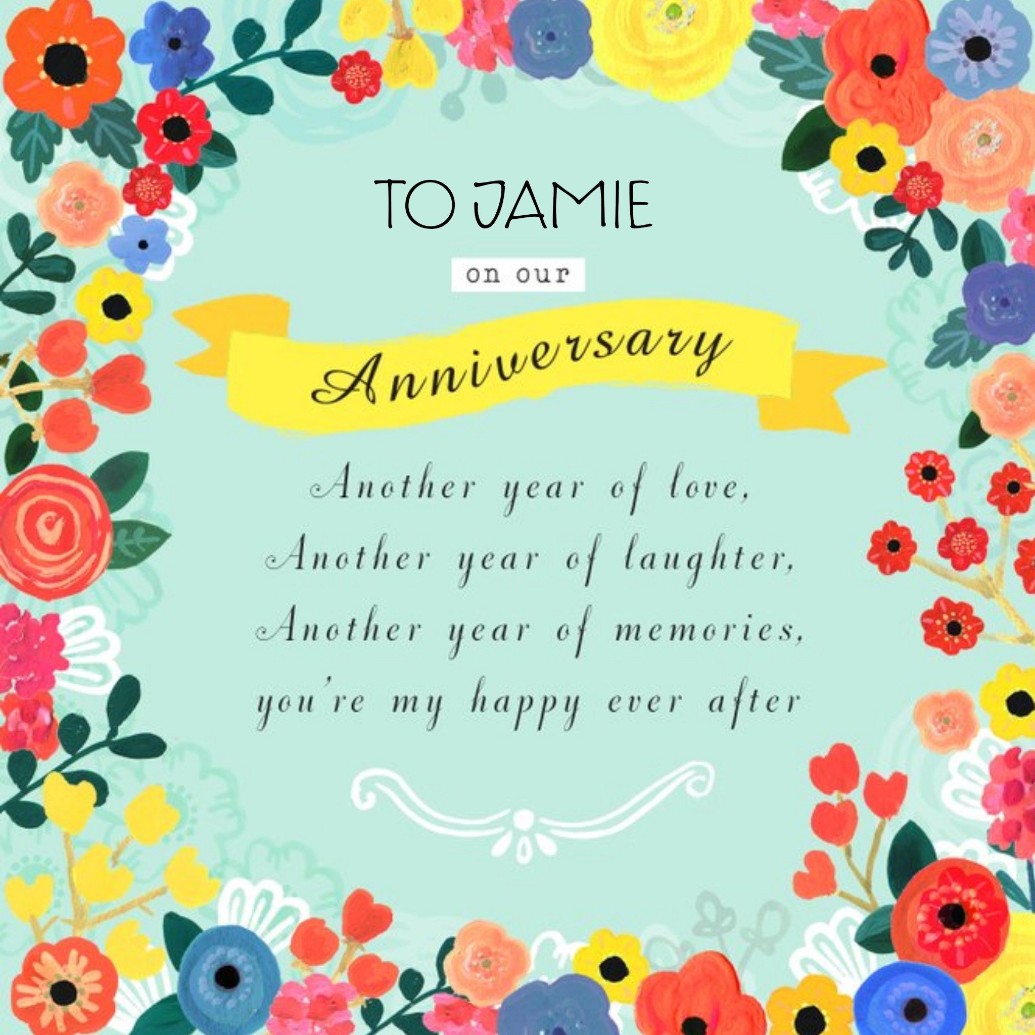 Fleur Border With Poem Personalised Happy Anniversary Card, Square