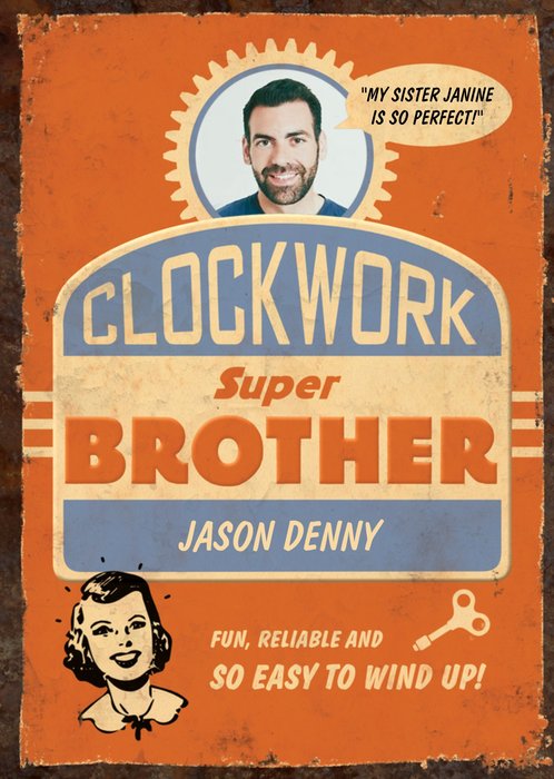 Retro Funny Clockwork Super Brother Photo Upload Birthday Card