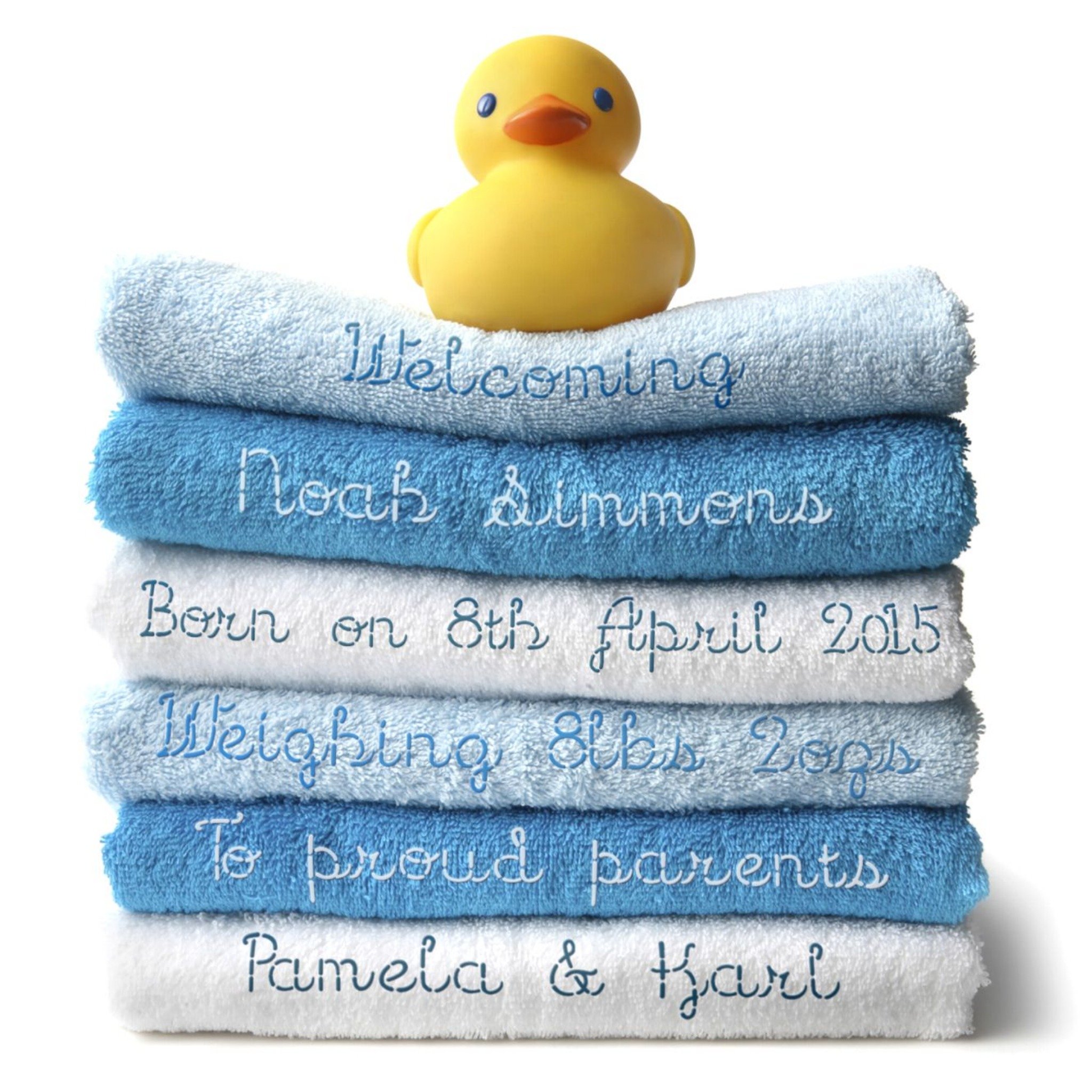 Stack Of Blue Towels With Duck Personalised New Baby Card, Square