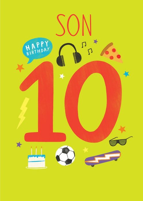 Happy Birthday Son Football Pizza Skateboard Music Cool 10th Birthday Card