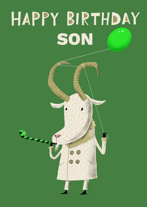Goat Celebrating With A Balloon And Party Blower Personalise Son Birthday Card