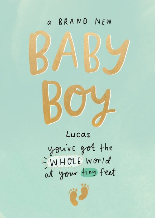 Handwritten Typography With Baby Footprints On A Teal Background New Baby Boy Card