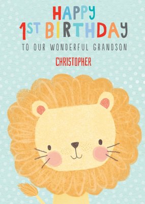 Bright Fun Illustration Of A Cute Lion Happy 1st Birthday Grandson Card