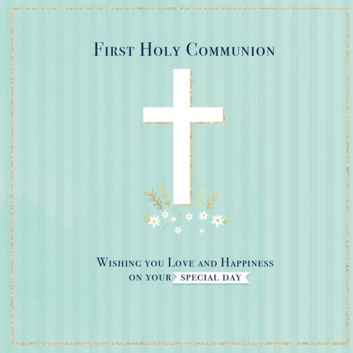 Illustration Of A Cross And Flowers First Holy Communion Card