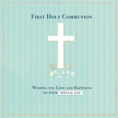 Illustration Of A Cross And Flowers First Holy Communion Card
