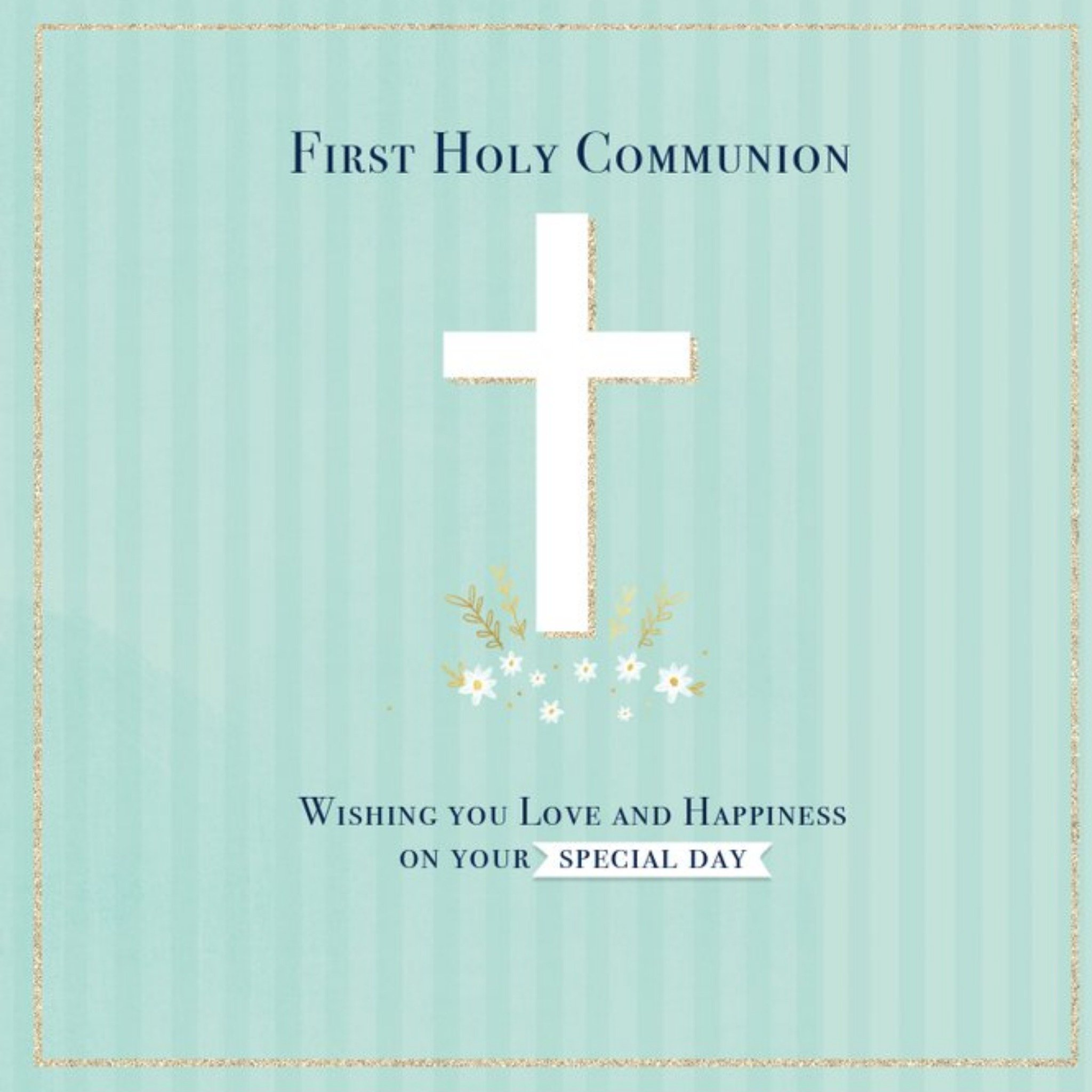 Illustration Of A Cross And Flowers First Holy Communion Card, Square