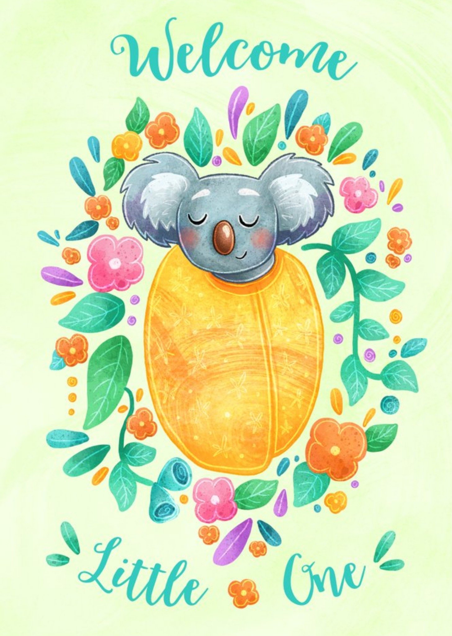 Moonpig Stray Leaves Cute Illustrated Koala Floral Welcome Little One Card Ecard