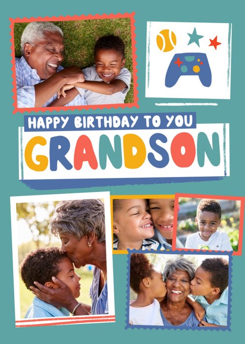 Modern Photo Upload Collage Gamer Grandson Birthday Card