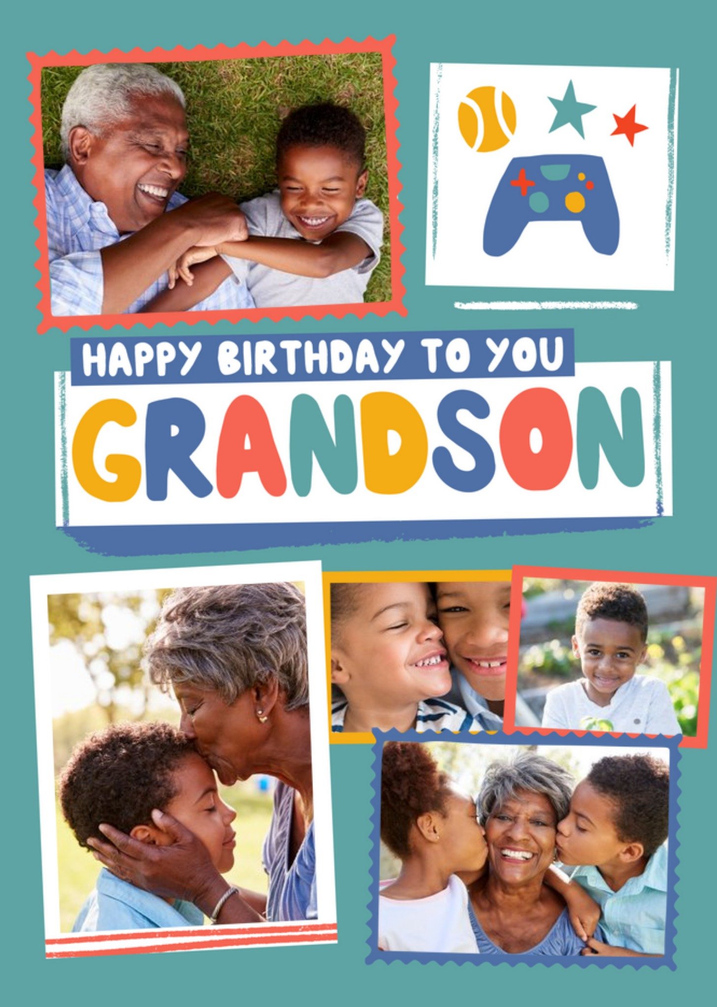Moonpig Modern Photo Upload Collage Gamer Grandson Birthday Card, Large