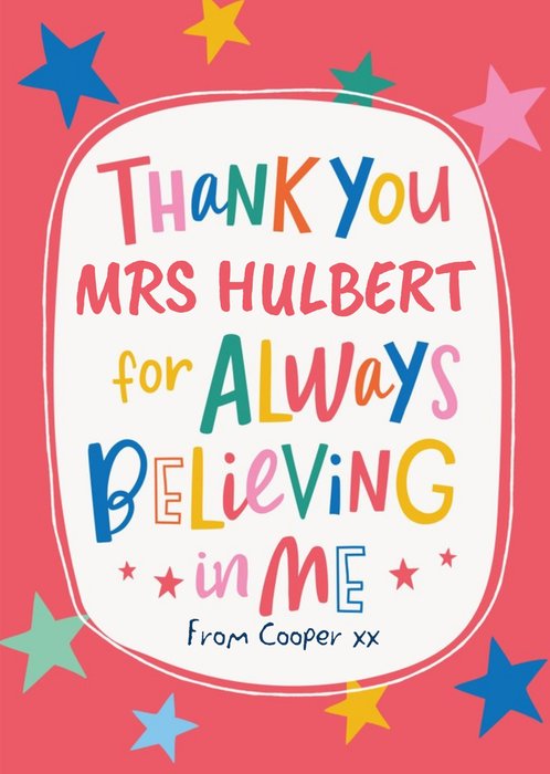 Fun Text And Stars Personalise Name Thank You Teacher Card