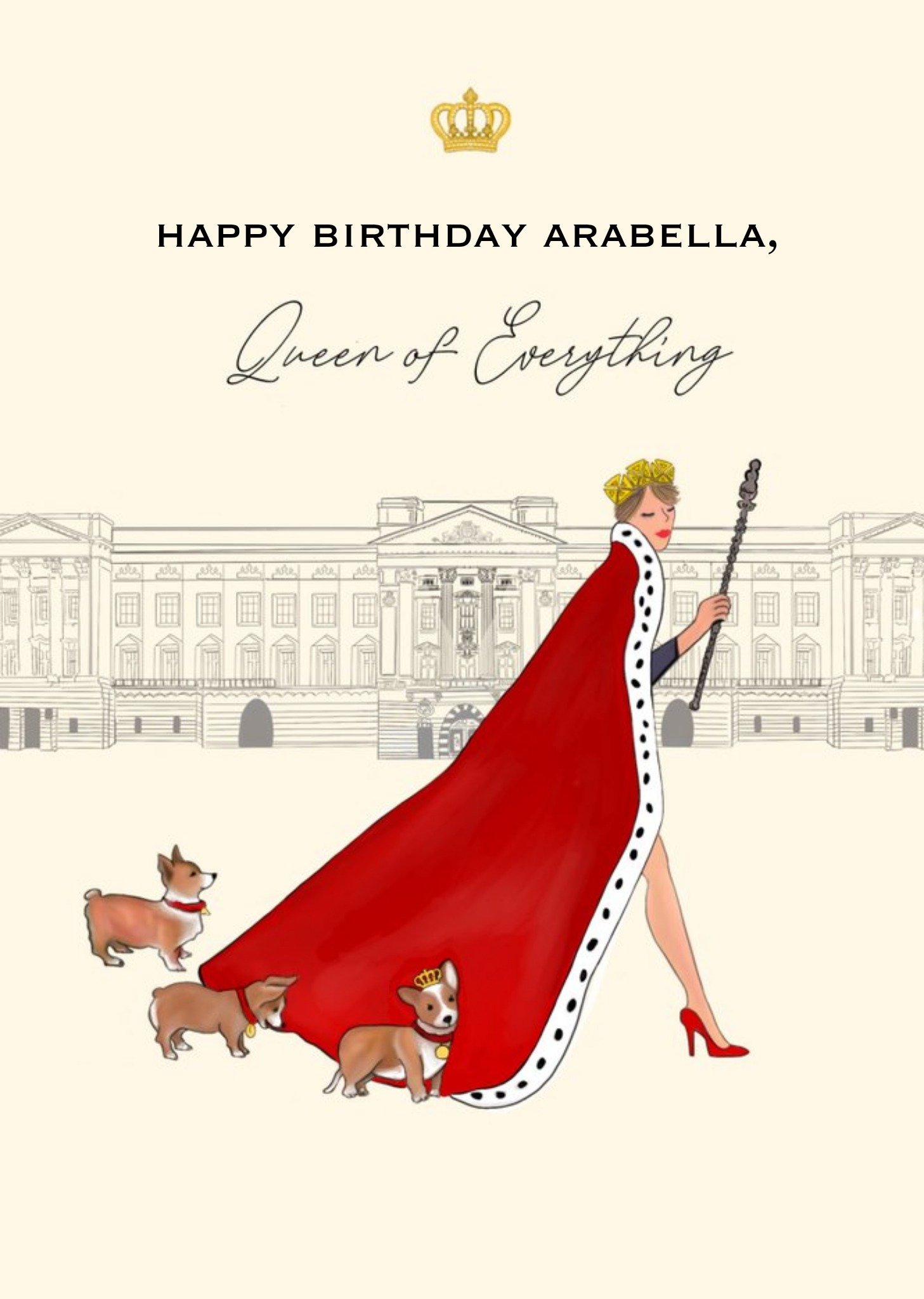 Moonpig Illustration Of A Lady Dressed Like Royalty With Three Corgis Birthday Card, Large