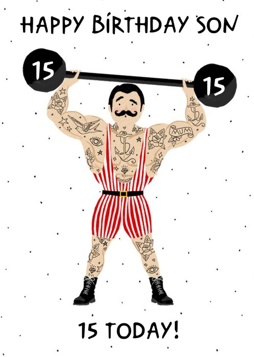 Circus Strongman Illustrated15th Son Birthday Card By Okey Dokey Design
