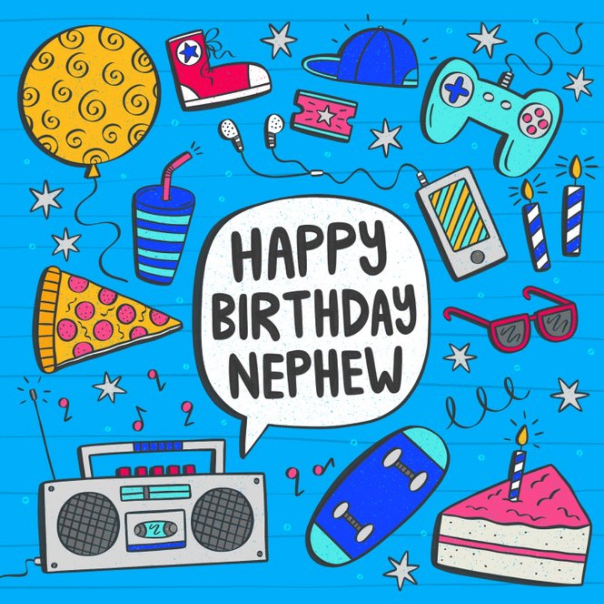 Moonpig Happy Birthday Nephew Doodle Hobbies Illustration Card, Square