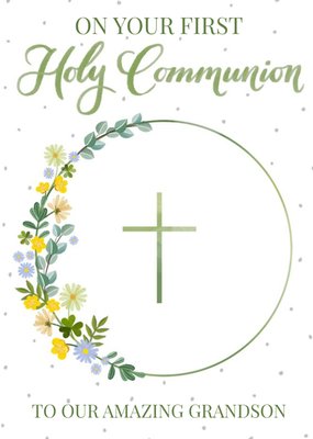 Illustration Of Flowers Growing Around A Circular Frame Holy Communion Card