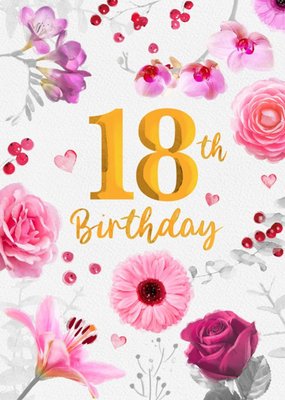 Large Golden Number Surrounded By Flowers Eighteenth Birthday Card