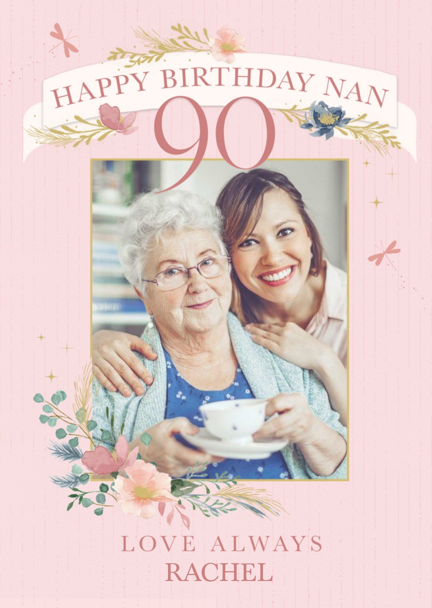 Moonpig Photo Frame Surrounded By Flowers Nan's Ninetieth Photo Upload Birthday Card Ecard