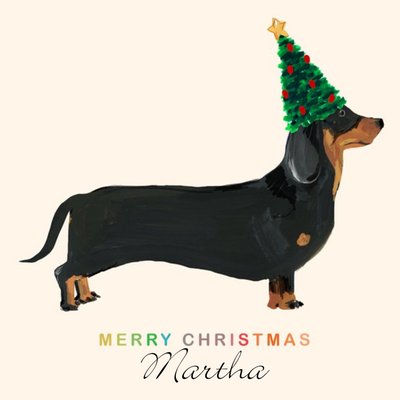 Dachshund Sausage Dog With Christmas Hat Personalised Merry Christmas Card