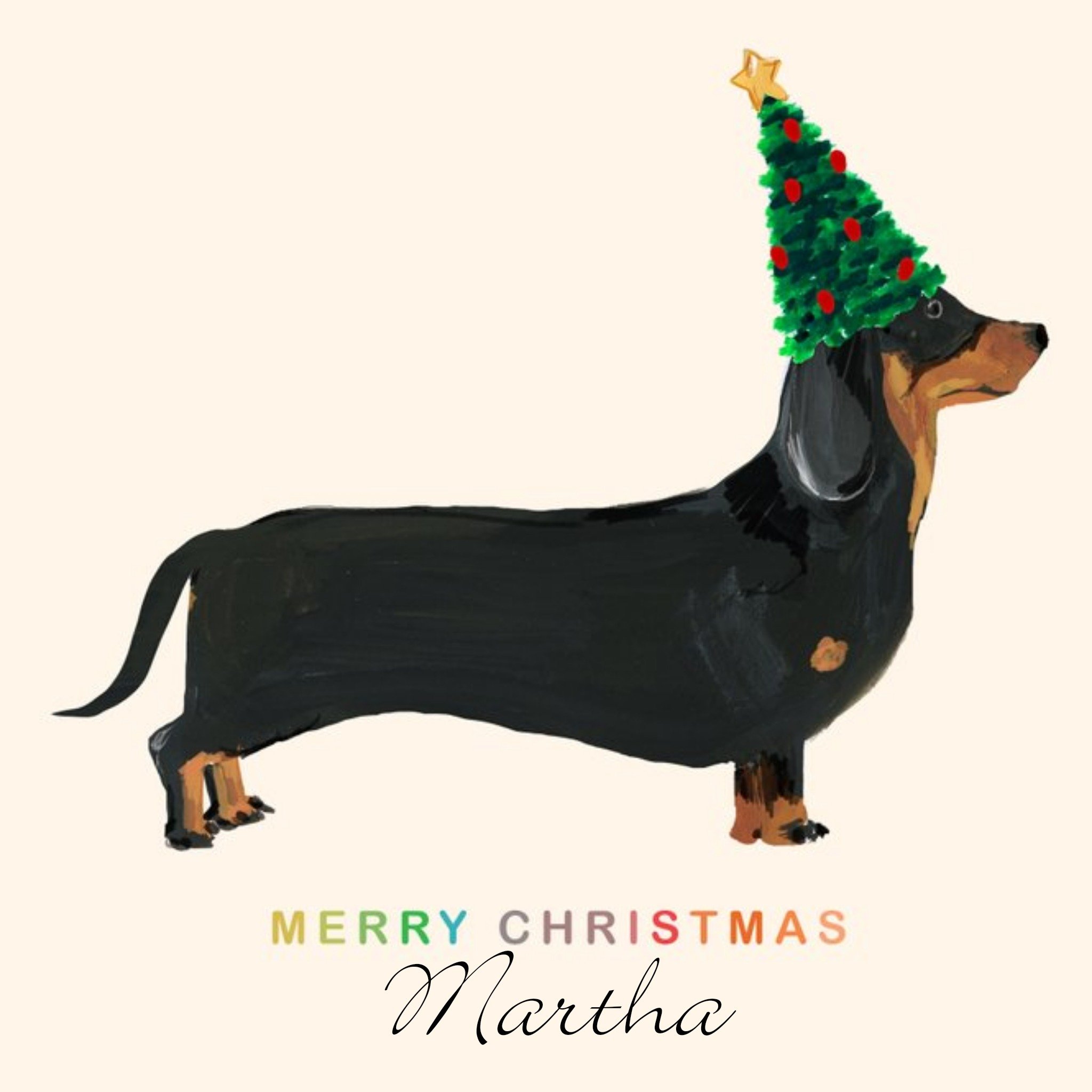 Dachshund Sausage Dog With Christmas Hat Personalised Merry Christmas Card, Square