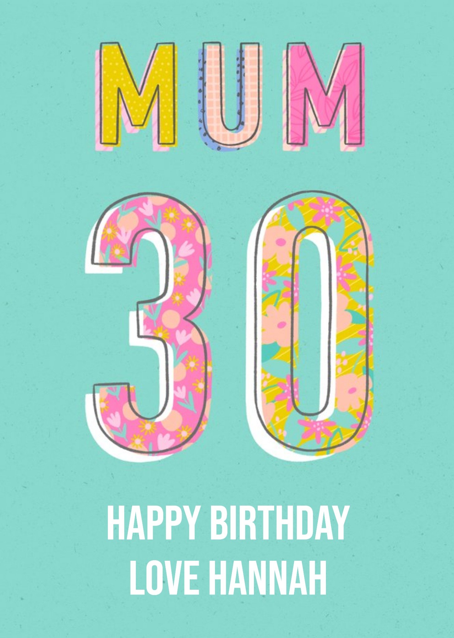 Moonpig Typographic Bright Pattern Mum 30th Birthday Card, Large