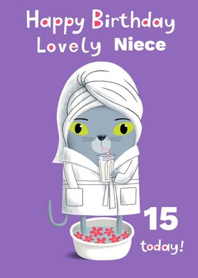 Cat With A Glass Of Milk And Foot Spa Illustration Personalise Age Niece Birthday Card
