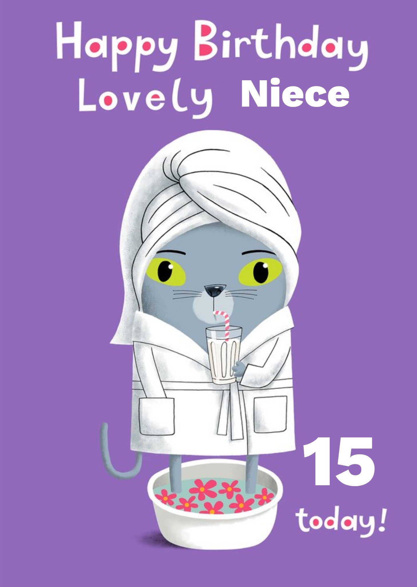 Cat With A Glass Of Milk And Foot Spa Illustration Personalise Age Niece Birthday Card Ecard