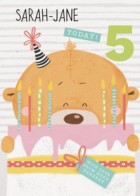 Cute Uddle Bear Holding Birthday Cake With Candles Personalised Birthday Card