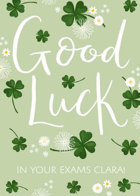 Handwritten Typography Surrounded By Four Leaf Clovers And Daisies Good Luck Card