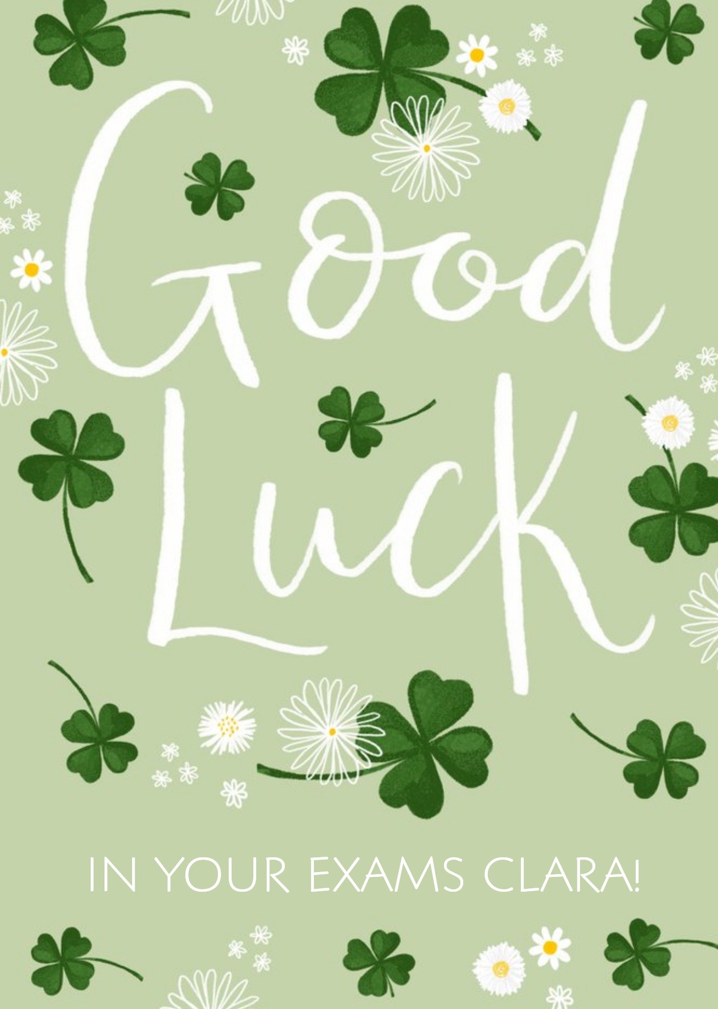 Handwritten Typography Surrounded By Four Leaf Clovers And Daisies Good Luck Card Ecard